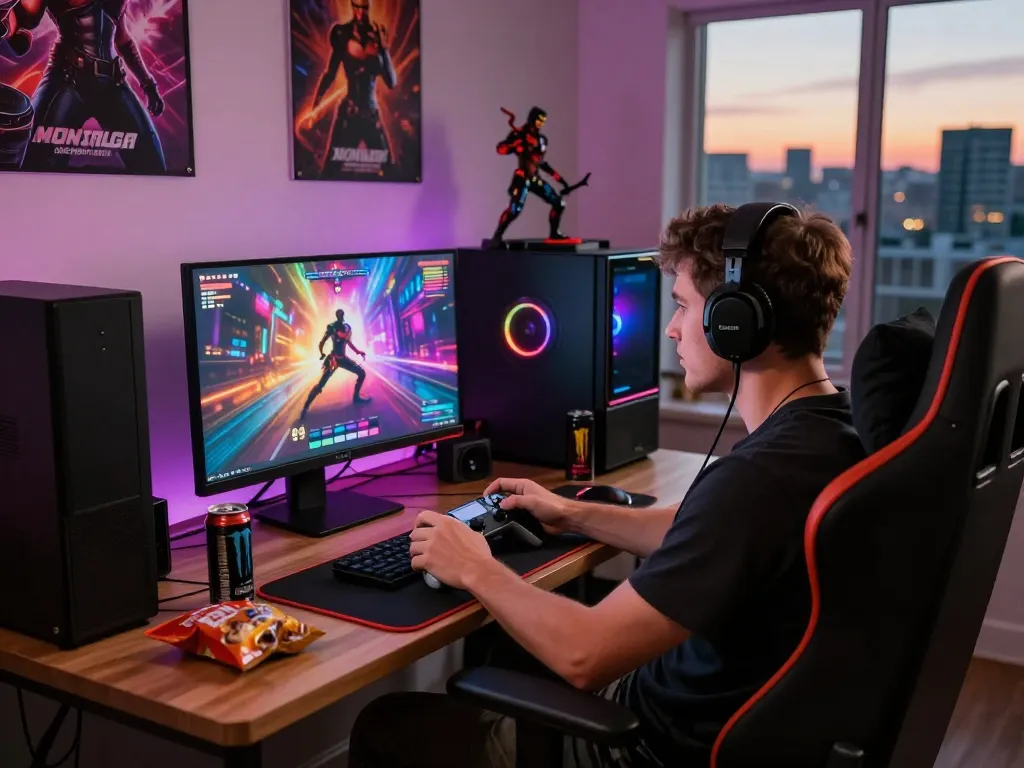 Engaged gamer playing a sex game on a vibrant gaming setup with immersive visuals and snacks.