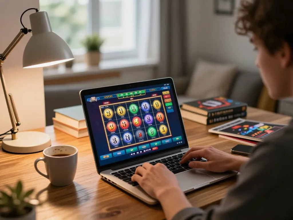Player engaging in online casino action with g28-t1 slots on laptop in cozy home setting