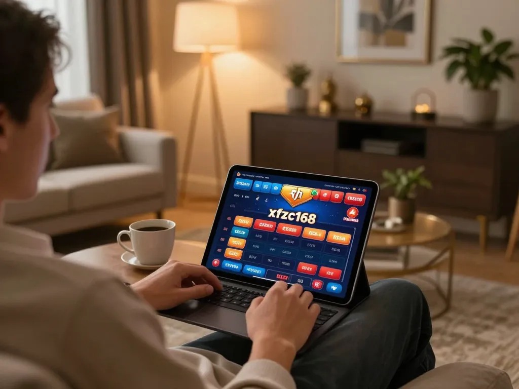 Engaged player enjoying xfzc168 online casino on tablet in a cozy home setting.