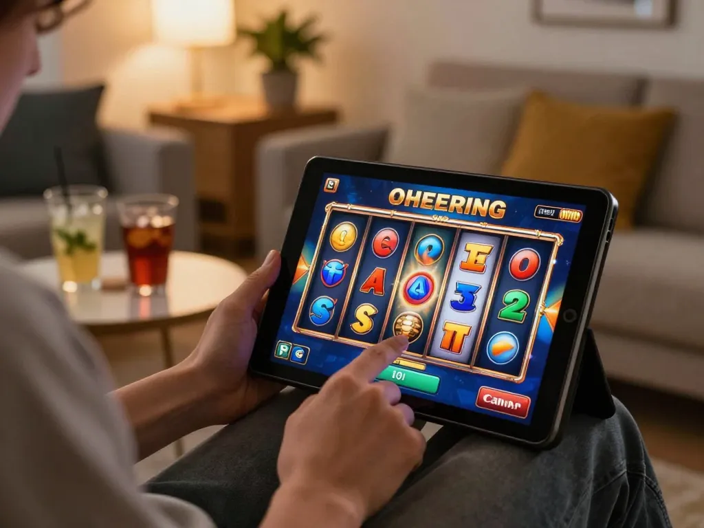 Player spinning the reels on slot game app in cozy home setting with sv66 entertainment