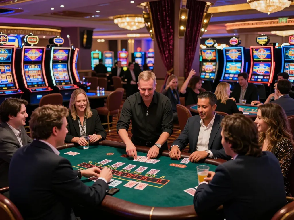 Players at hit club blackjack table celebrating wins amidst vibrant casino atmosphere