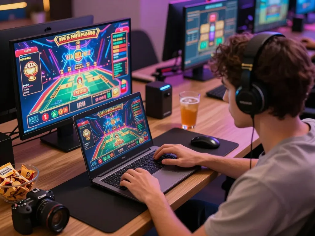 Engage with 33win online casino gaming on a laptop in a stylish home setup.