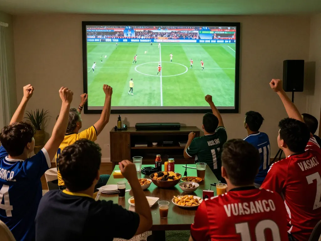 Fans cheering for their team while watching live football on VUASANCO, creating an exciting atmosphere.
