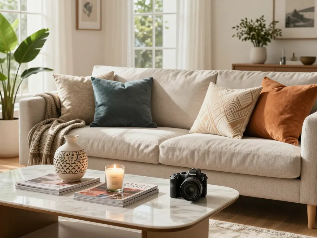Inviting living room styled for interior design blogs with a cozy sofa and natural lighting.