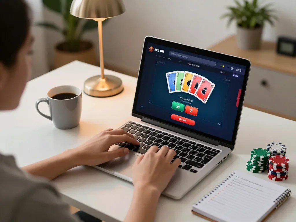 Player engaging in online casino gaming with TR88 poker app on laptop, showcasing strategic betting.
