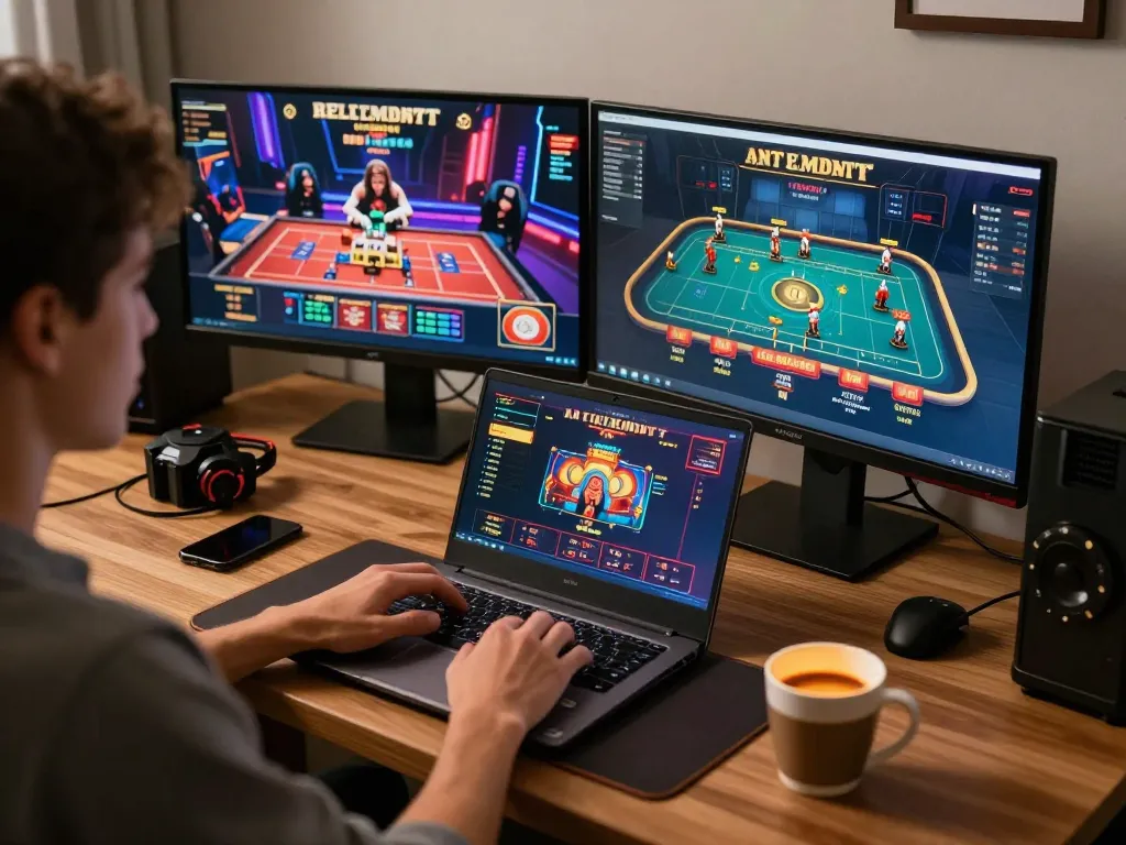 Bong88 player engaging in strategic online gaming session at home with multiple screens.