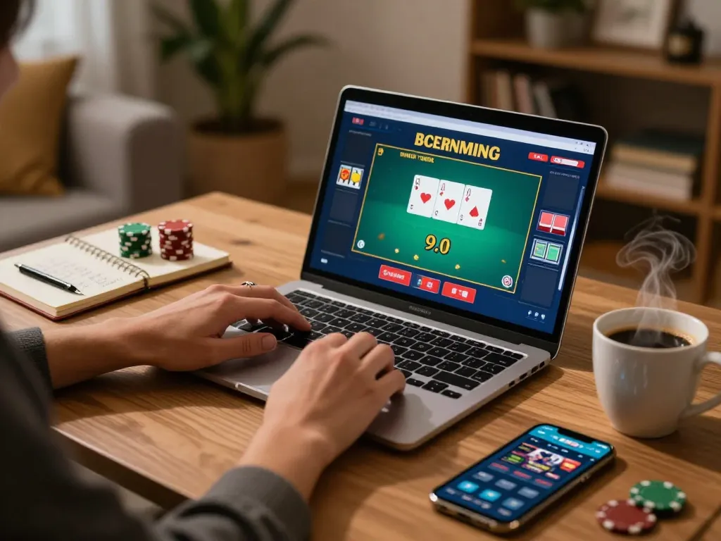 Player engaging with online casino games at home, featuring sc88 nhà cái strategies on display and personalized atmosphere.