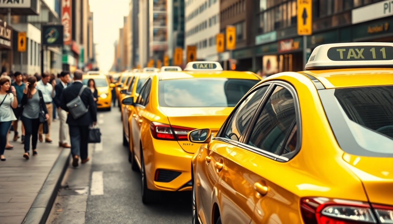 Taxis navigating a bustling urban environment, showcasing efficient transportation.