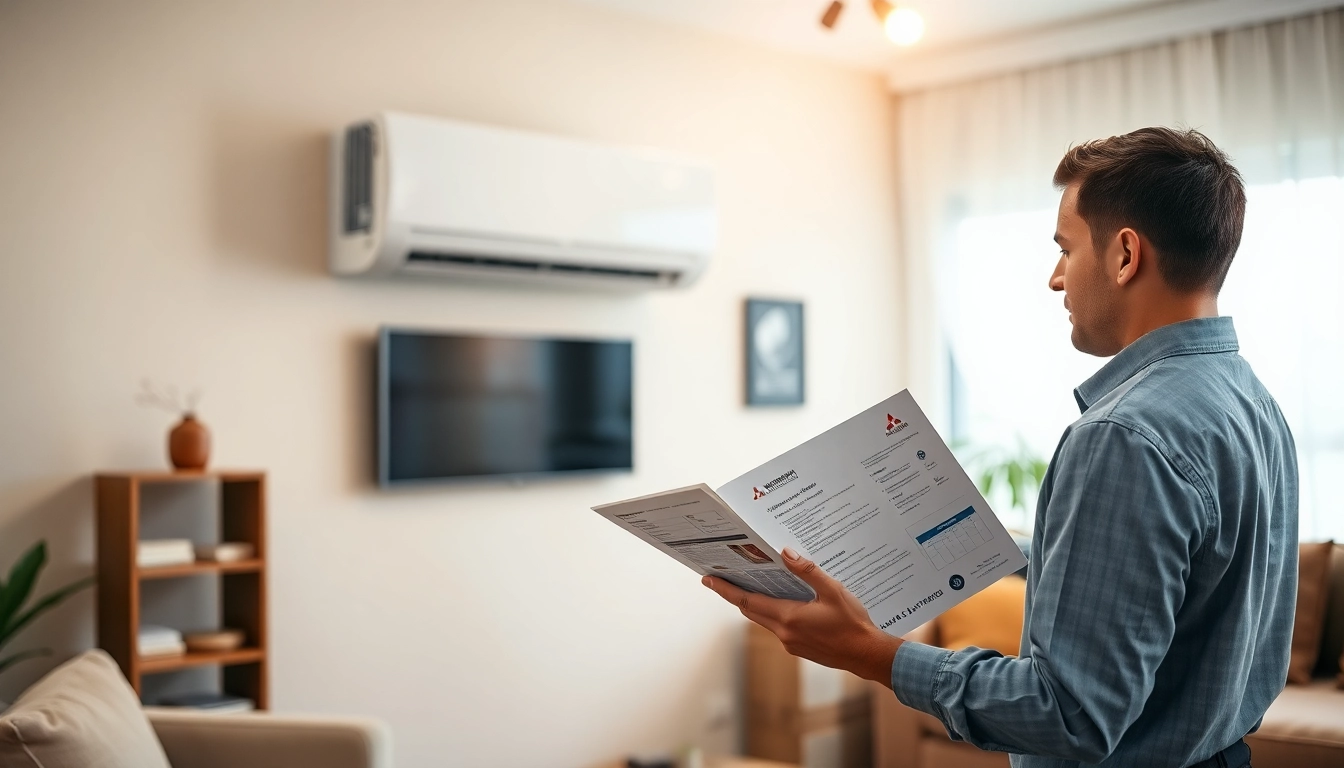Install a Mitsubishi mini split AC in a cozy living room with a professional technician.