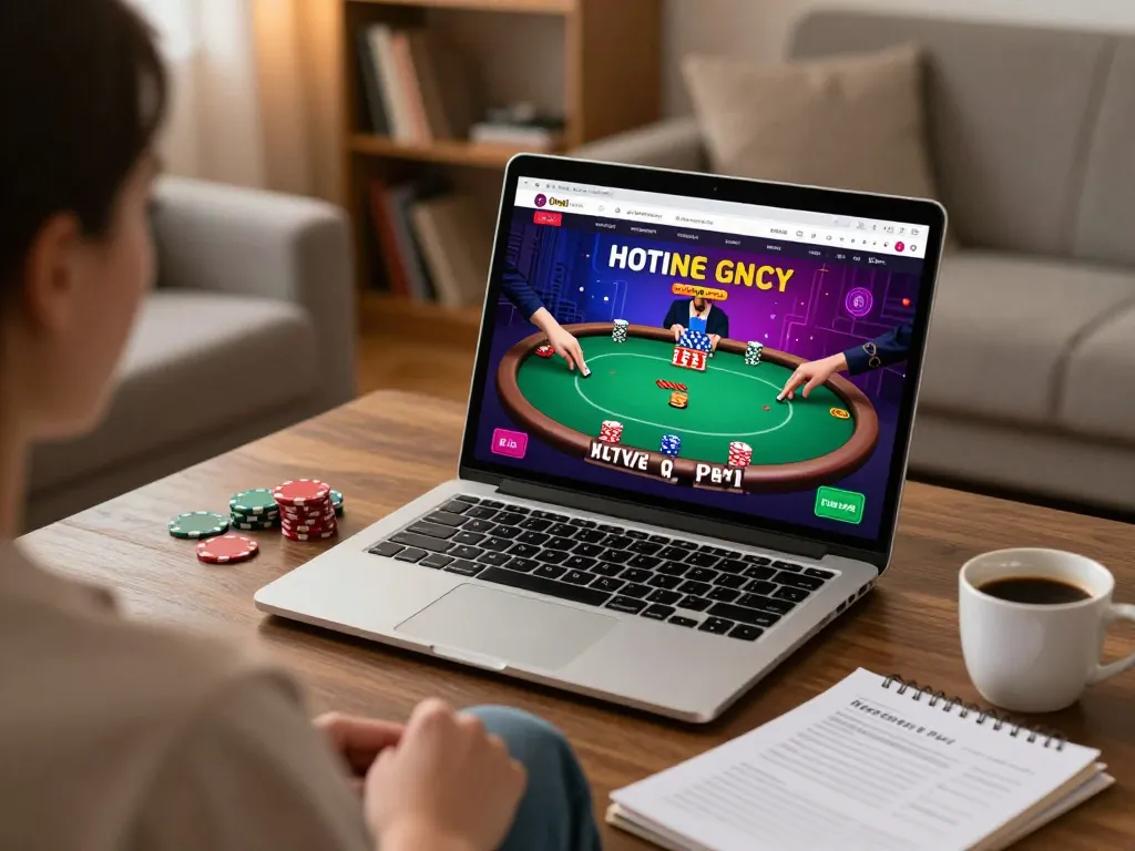 S666 player engaging in online poker game with warm home ambiance and strategy notes.