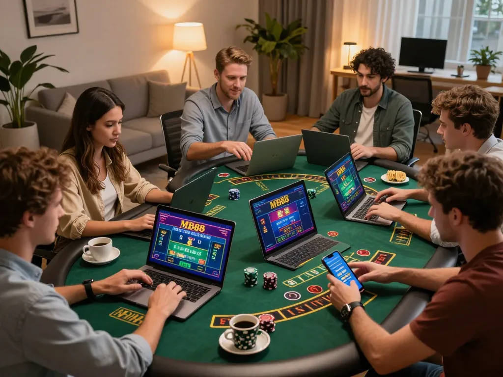 Players enjoying dynamic online gaming at MB88 on modern devices, showcasing live dealer action.