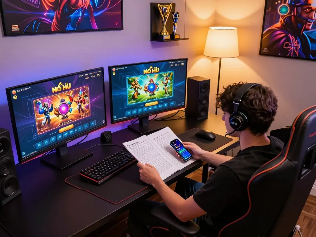 Nổ hũ online gaming setup with multiple screens showcasing casino app interface and strategic notes.
