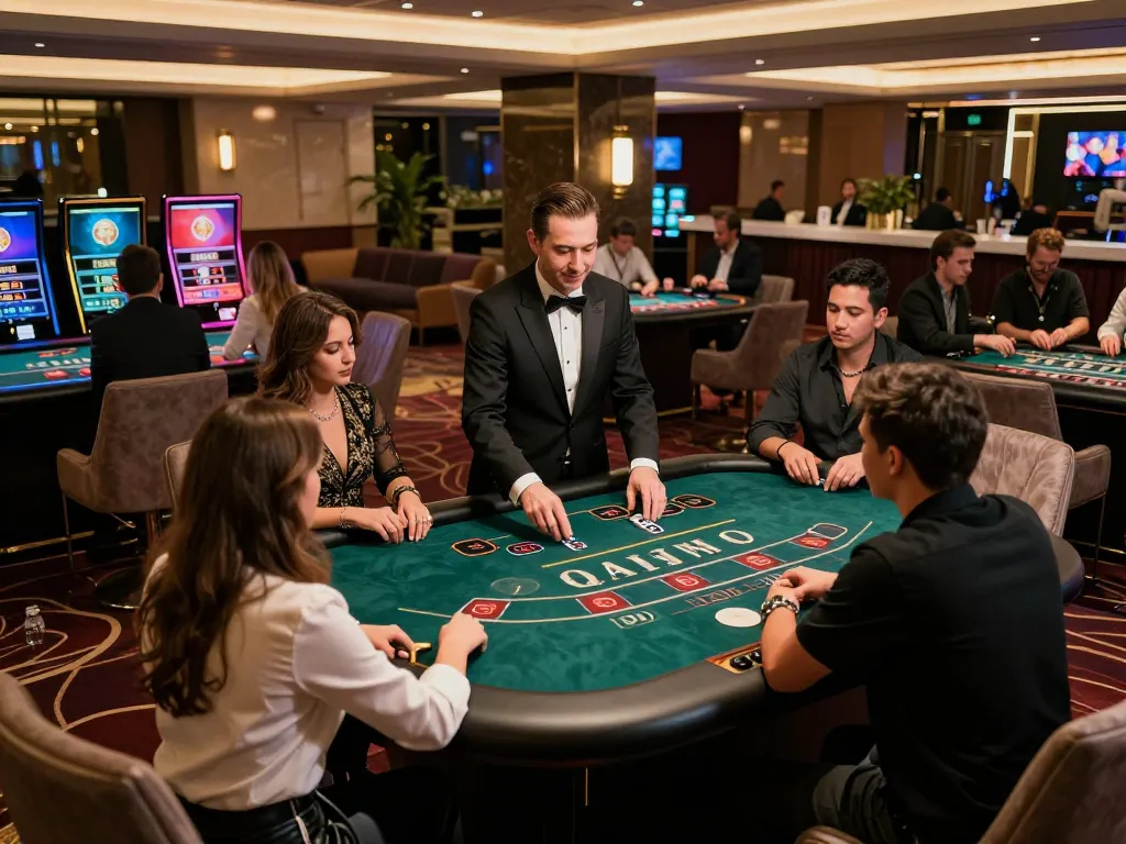 Exciting live casino gaming scene at QQ88 with players engaged around elegant tables.