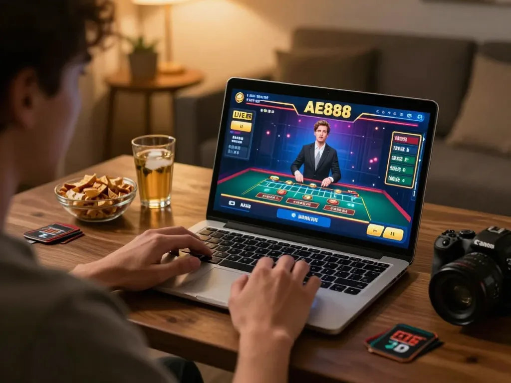 Player engaging with AE888's live dealer game on laptop, highlighting online casino excitement.