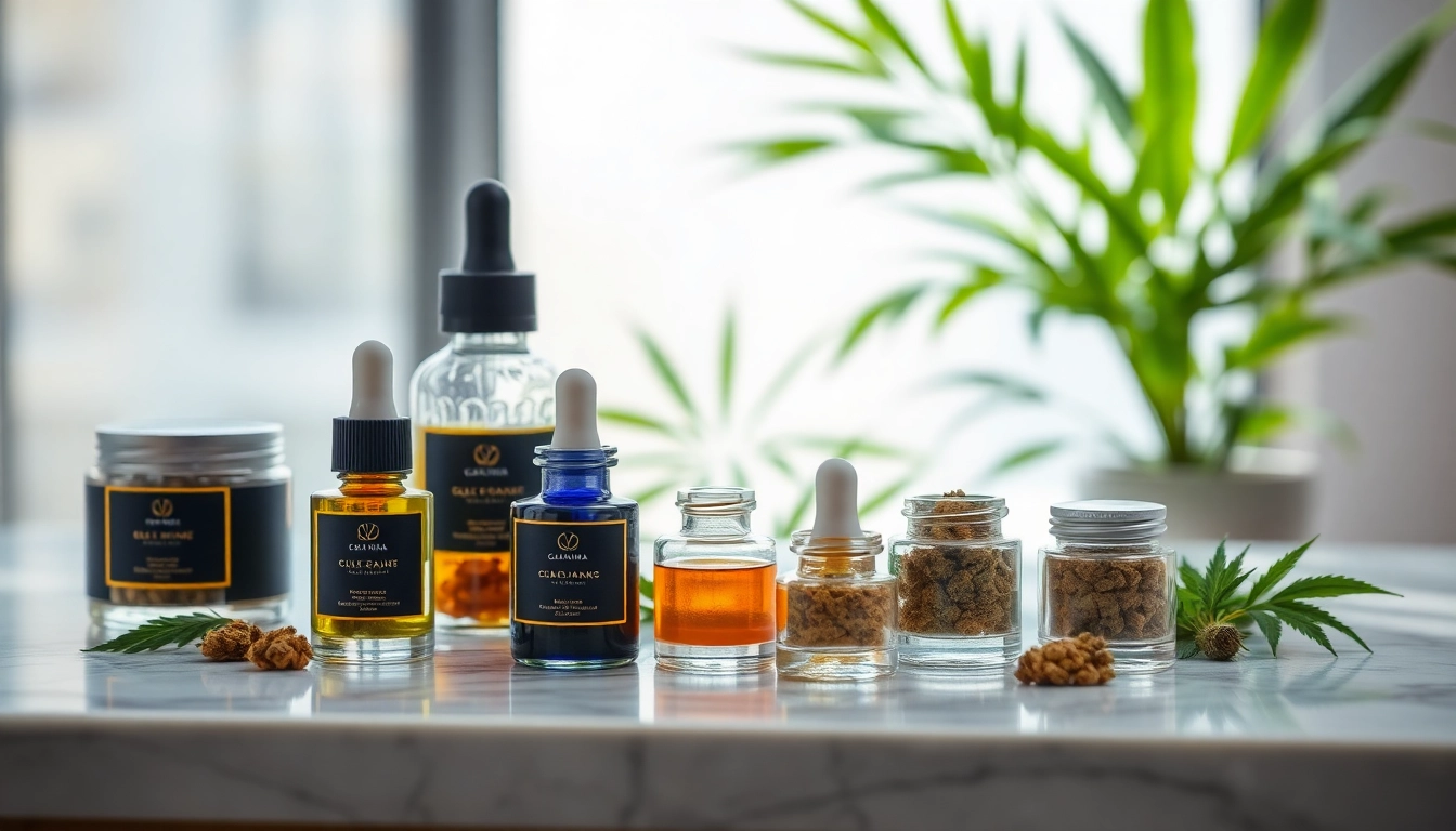 Buy Cannabis concentrates UK displayed elegantly on a marble countertop with herb accents.