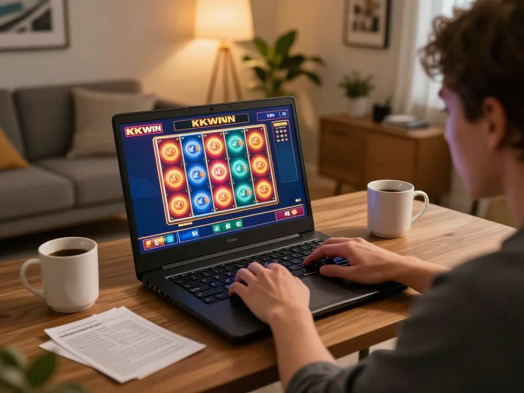 Engaged player using KKWIN for online slots in cozy living room, warm and inviting atmosphere enhancing the gaming experience.