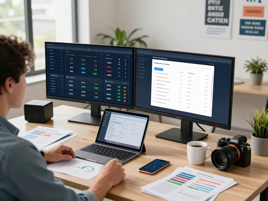 Sky Glass IPTV Reseller Panel analytics dashboard in a modern office setting, showcasing customer statistics and subscription management.