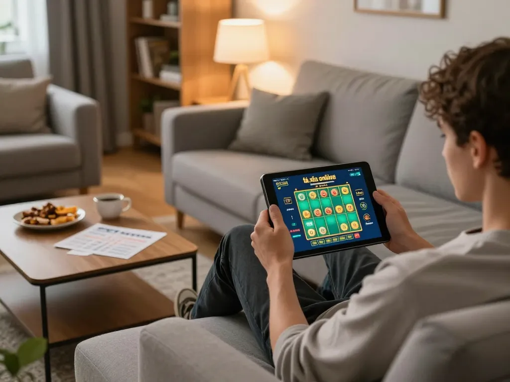 Engaging in gameplay on app tài xỉu online uy tín from a cozy home environment with warm lighting, illustrating casual online gambling.