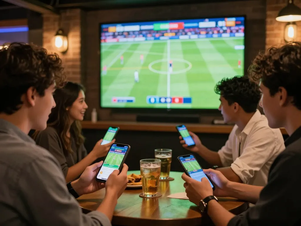 Engaged sports fans using the 789BET app to place live bets during a football match in a vibrant sports bar.