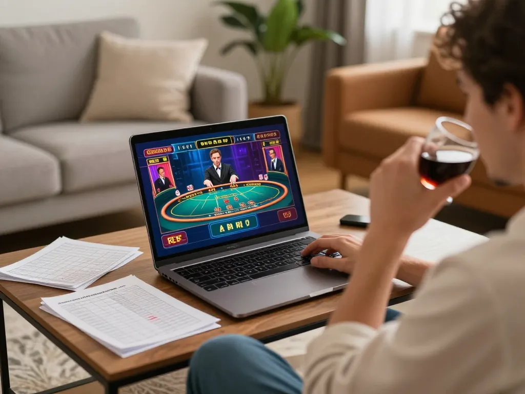 Crown88 player engaging with a live dealer game at home, showcasing strategic gaming atmosphere.