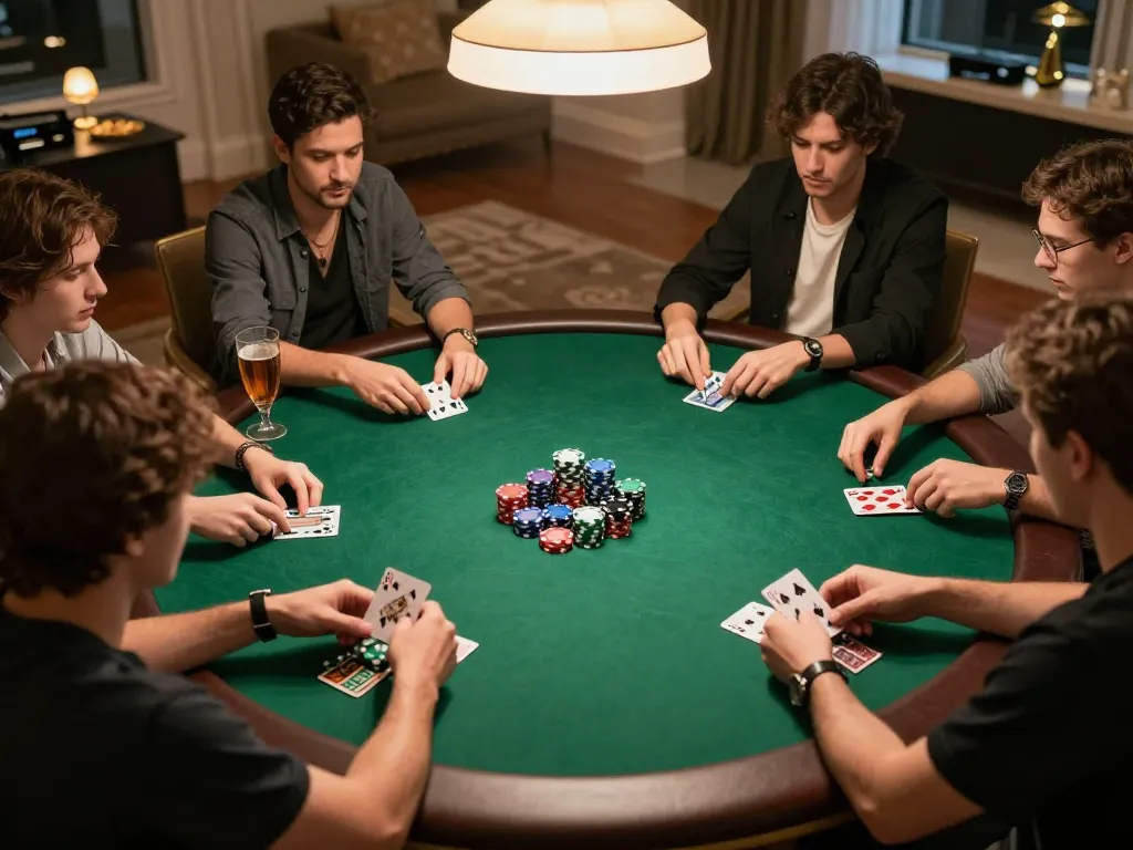 Engaging atmosphere of open88 nhà cái poker game in a stylish home, showcasing players' strategies and interactions.