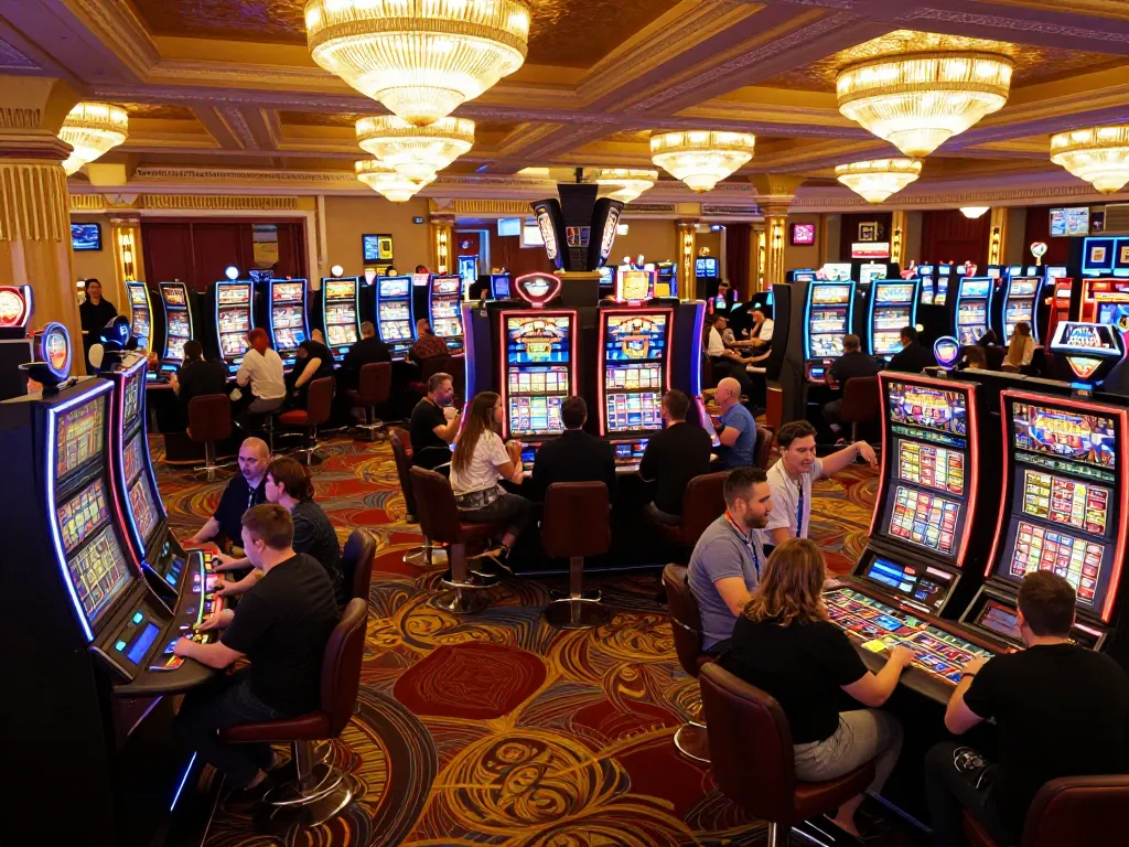 Players engaging with colorful slot machines at a vibrant casino, showcasing the excitement of c168 gambling