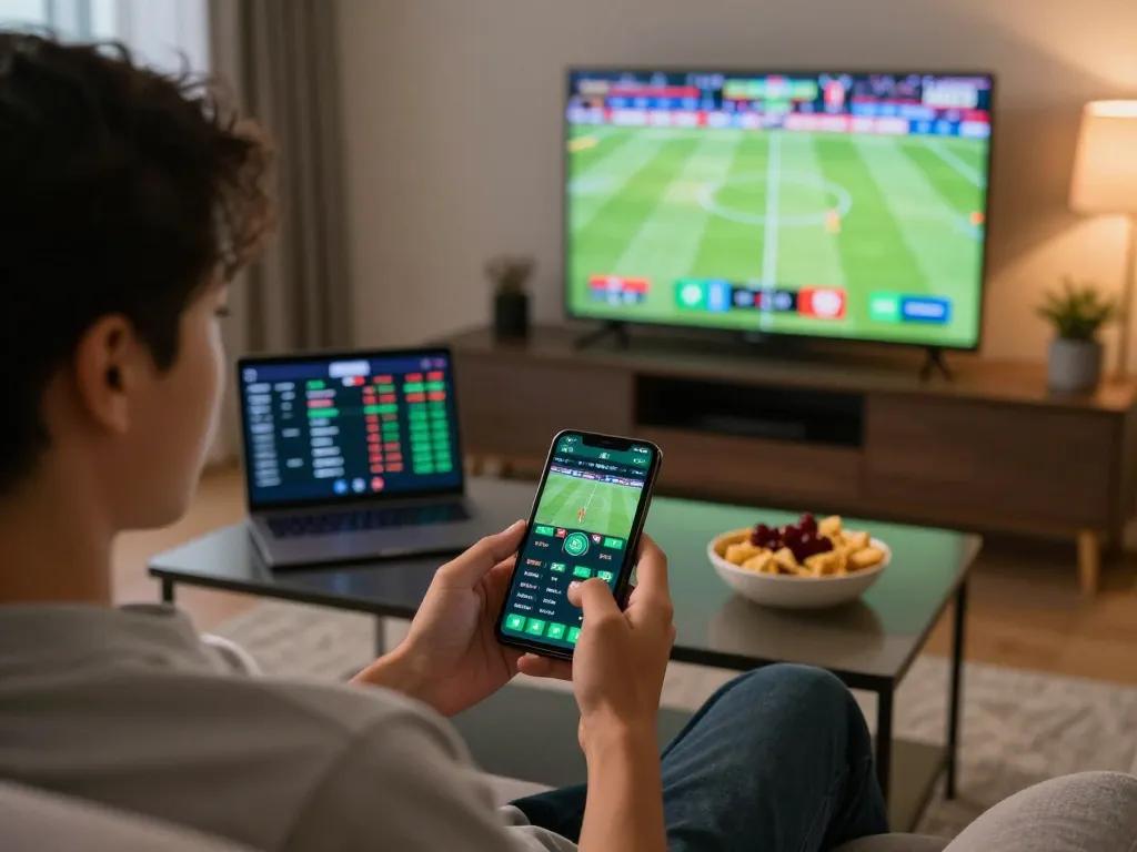 Sports betting with xfzc168 app on smartphone, capturing a live game excitement at home.