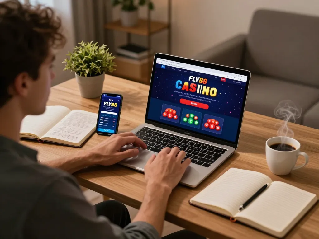 Engaging user interacting with FLY88 online casino on laptop while making strategic bets.