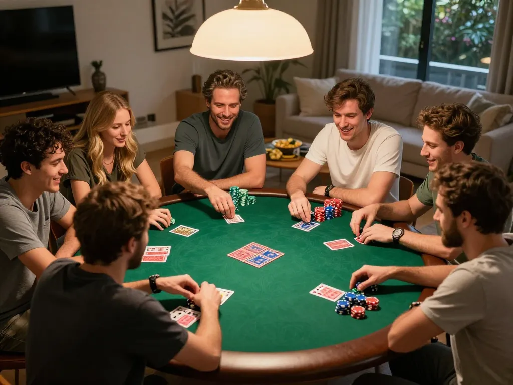 Friends enjoying a competitive home poker night, showcasing CM88 gaming atmosphere