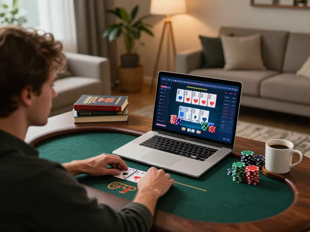 Engaged player using kubet online poker interface on laptop in cozy living room setting