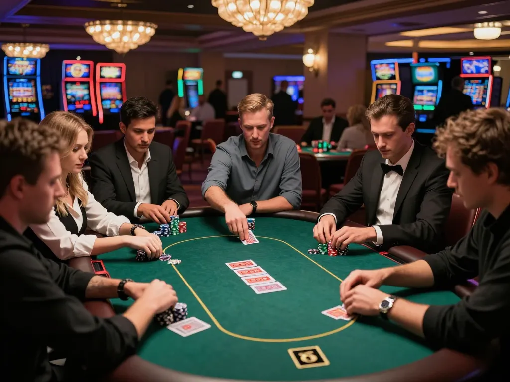 Players strategizing at a poker table with high stakes at uu88 in a lively casino environment.