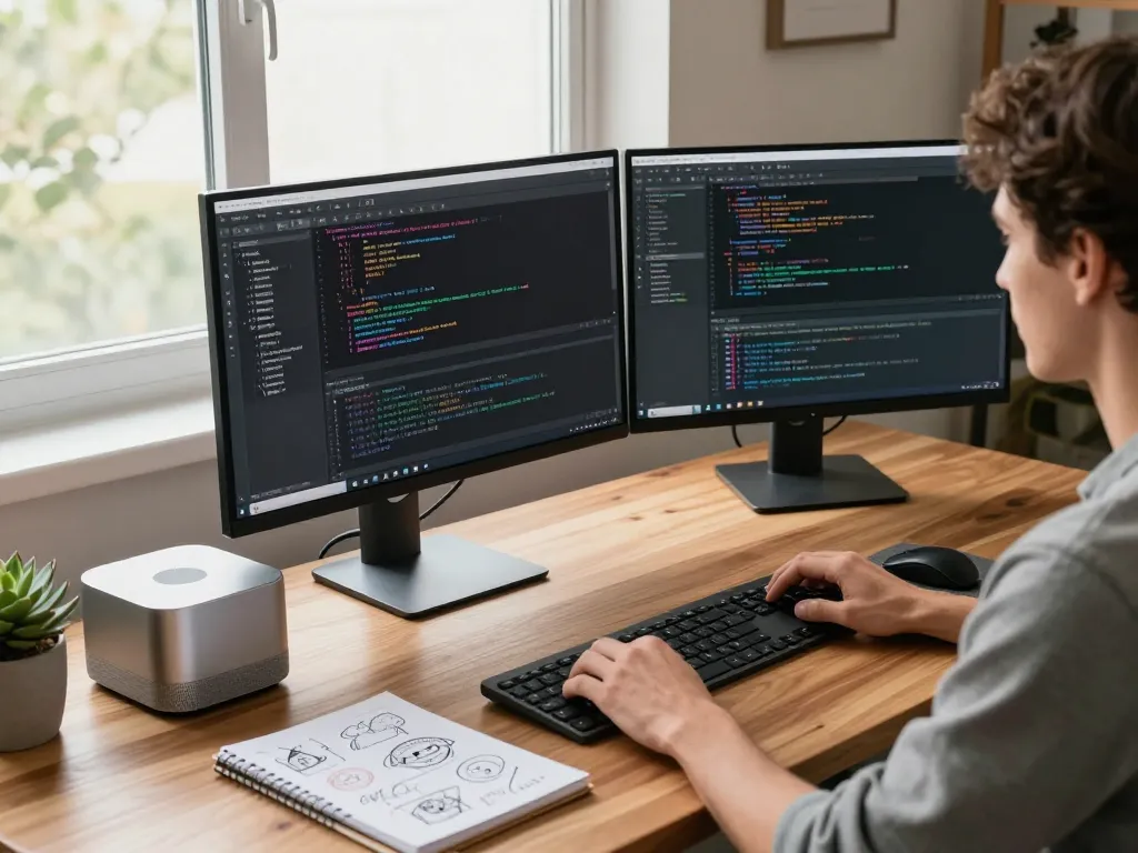 Mac Mini setup in a modern home office, showcasing coding projects and creative workspace.
