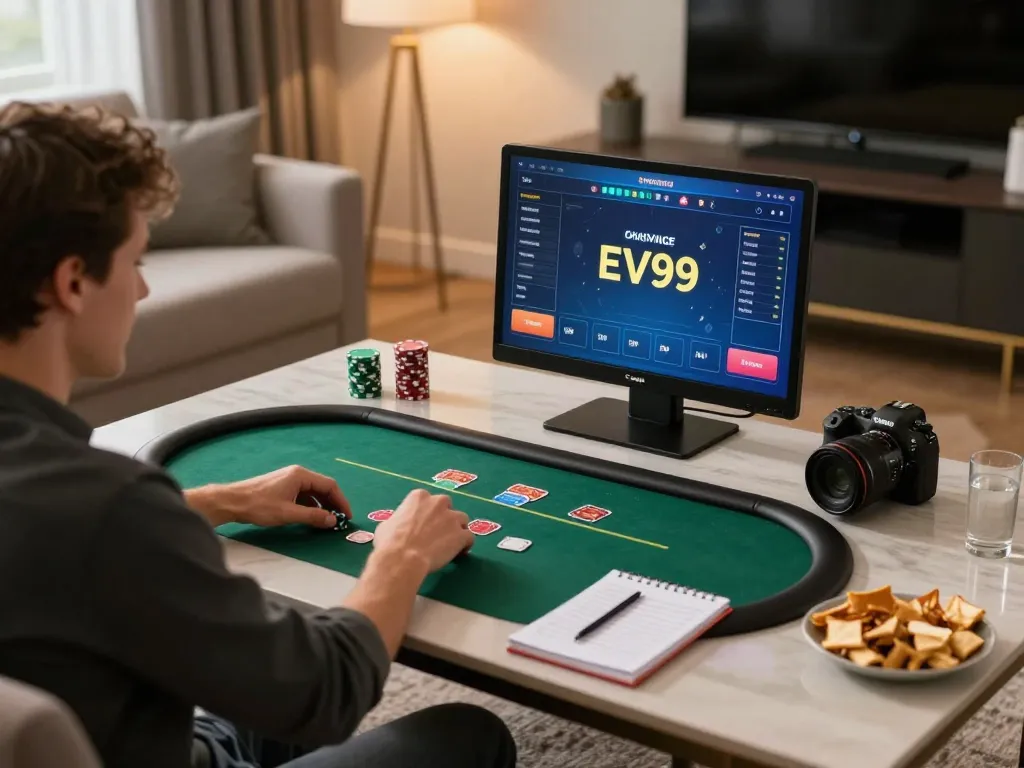 Player enjoying EV99 online poker with cozy living room setup and strategy notes.