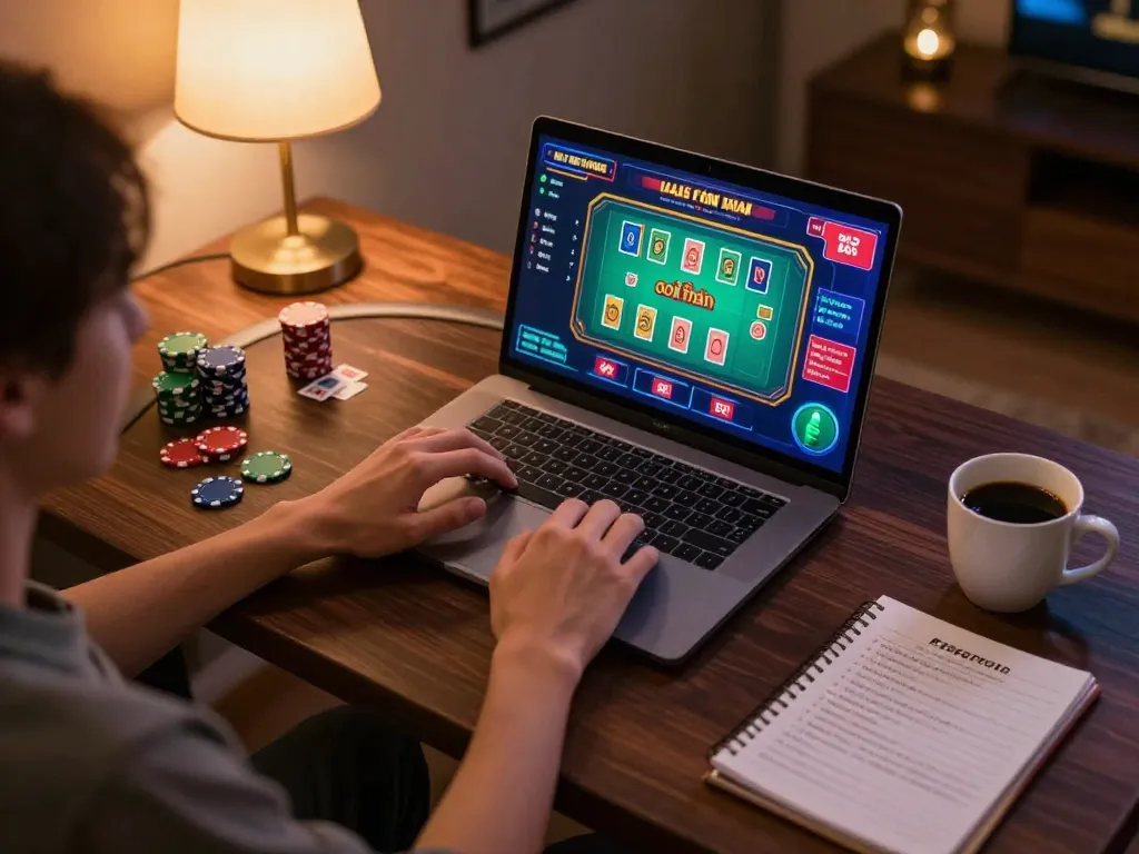 Engaging in game bài đổi thưởng at home with laptop, showcasing strategic betting.