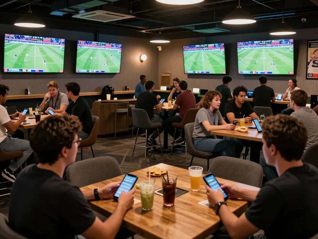 Engaged sports fans placing bets in lounge while enjoying live events, featuring soi keo nha cai betting options