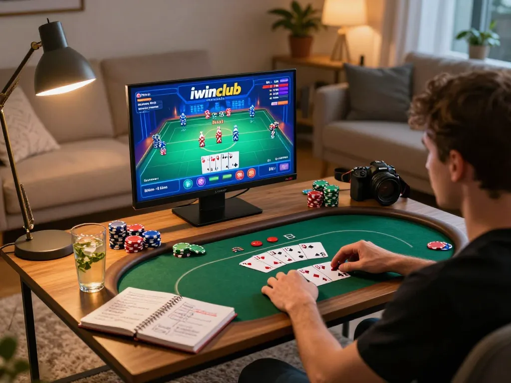 Engaging moment at iwinclub online poker game showing focused player with cards and strategy notes.