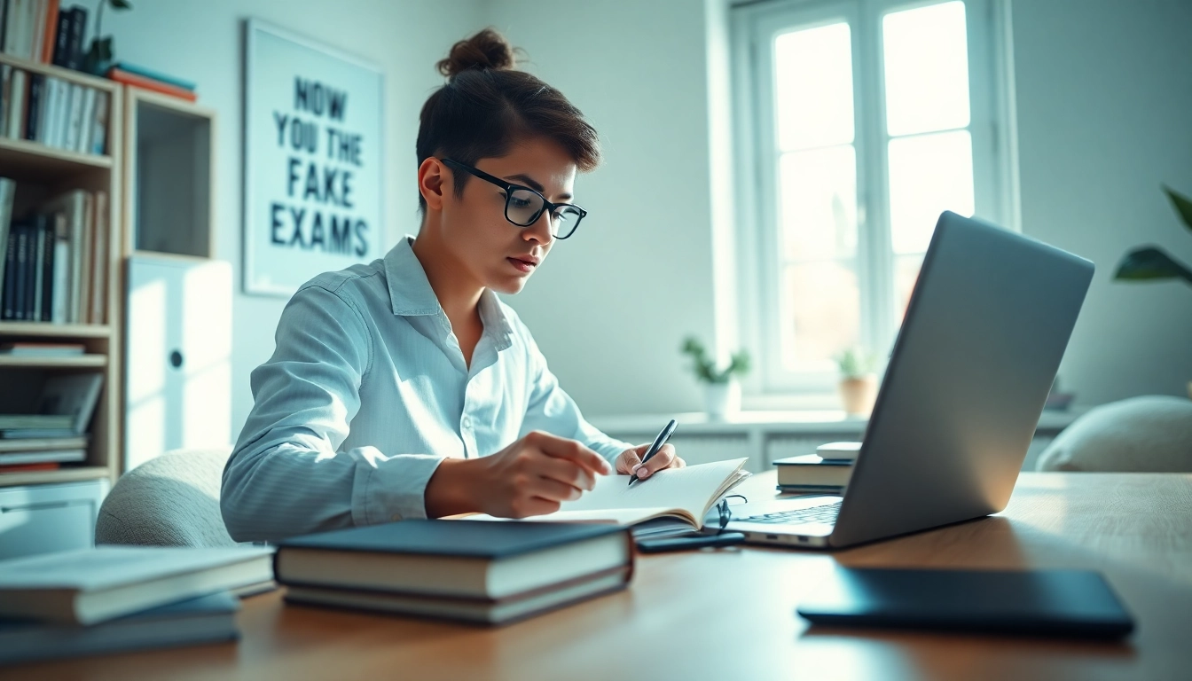 Engaged student finding online exams help in a bright study environment.