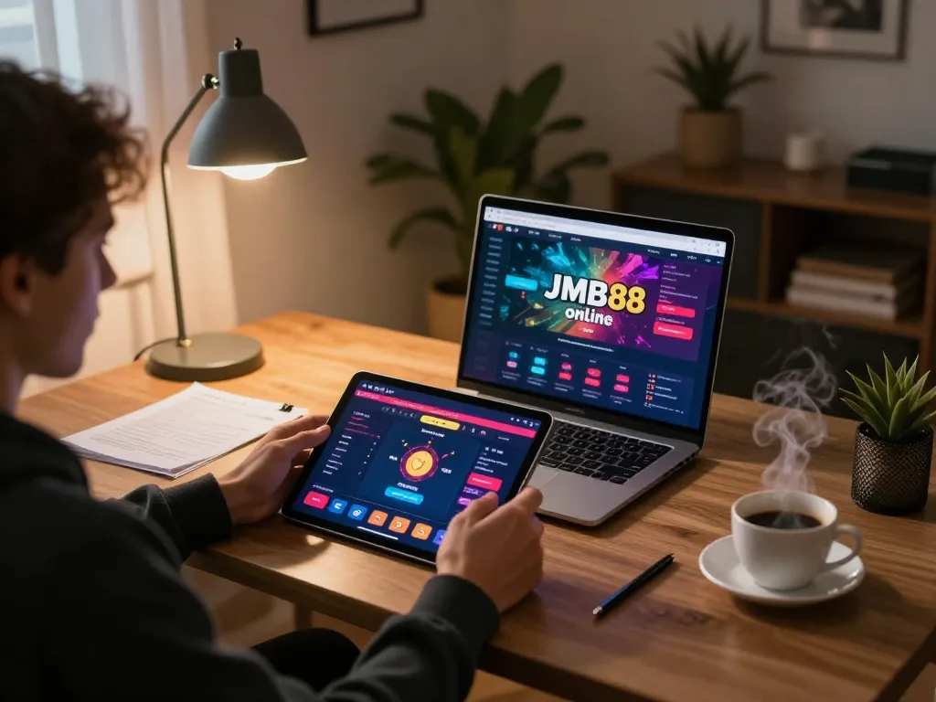 Engage with jmb88 through stylish online gaming at home with a cozy setup and strategic focus