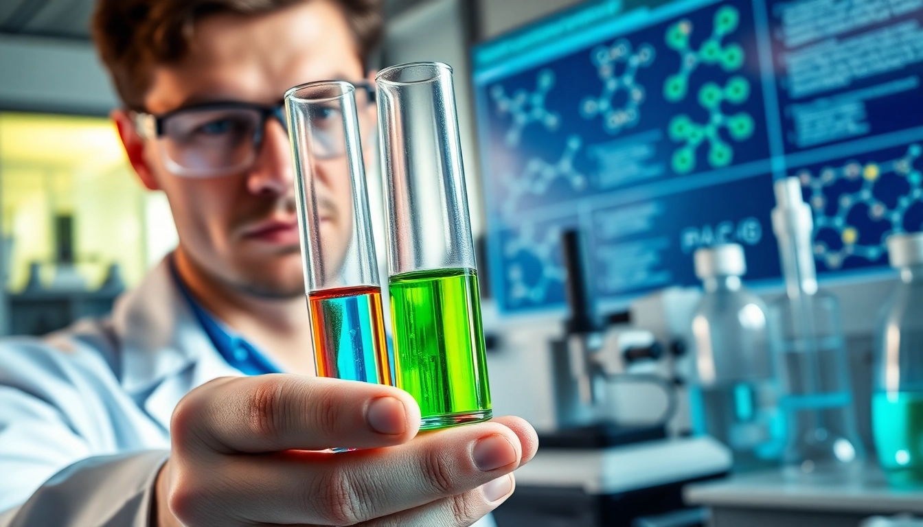 Analyze peptides in modern laboratory setting with vibrant colors and professional atmosphere.