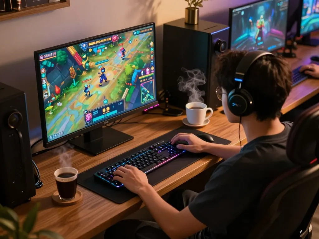 Playing Game nổ hũ đổi thưởng in a cozy online setup with vibrant graphics