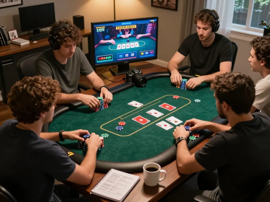 Players engaging in strategic online poker gameplay featuring SC88, with vibrant table graphics and cozy home setup.