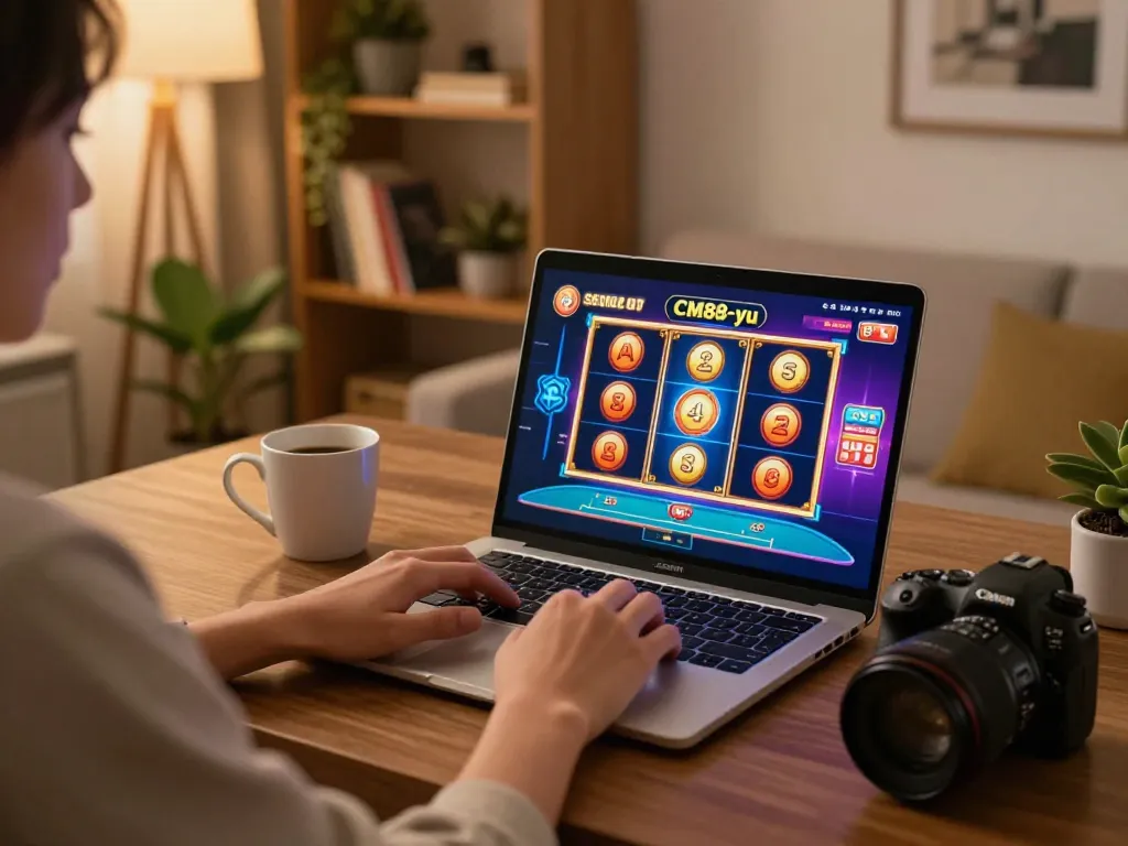Engaging in online gaming on CM88-yu with vibrant slot games displayed on laptop screen.