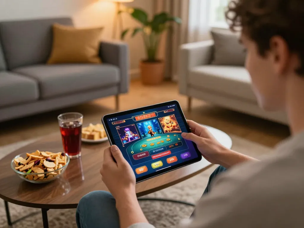 Player enjoying tg88 app during home gaming session, tablets showcasing casino games and responsible entertainment