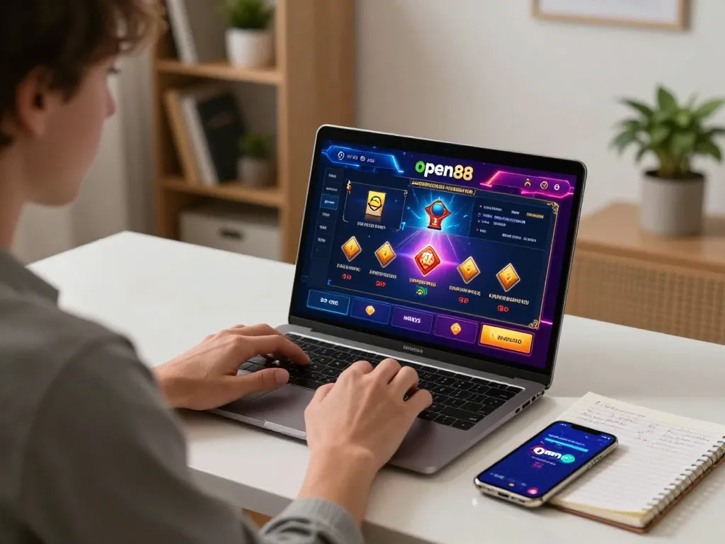 Engaged player using open88 online casino platform, laptop displaying vibrant gaming interface, strategic notes visible