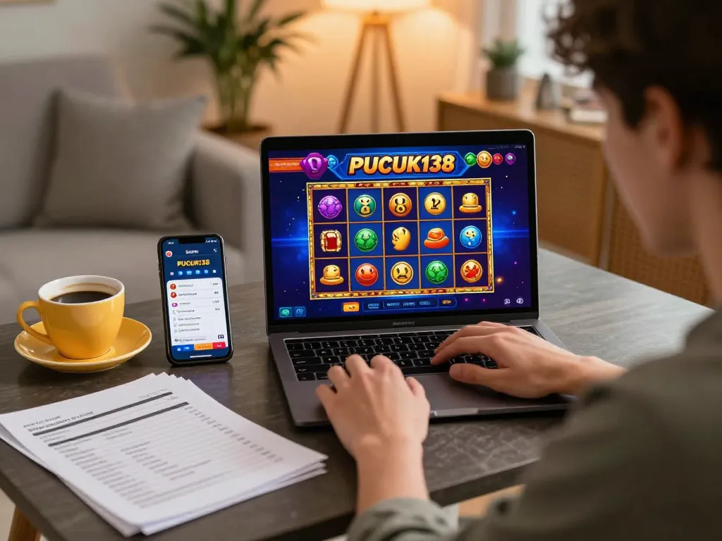 Engaged player exploring PUCUK138 online slots at home, showcasing gaming strategy and excitement.