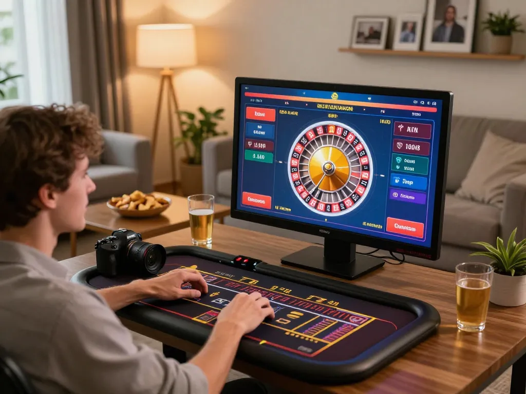 GO8 player placing bets on a vibrant roulette game at home, capturing online gambling excitement.