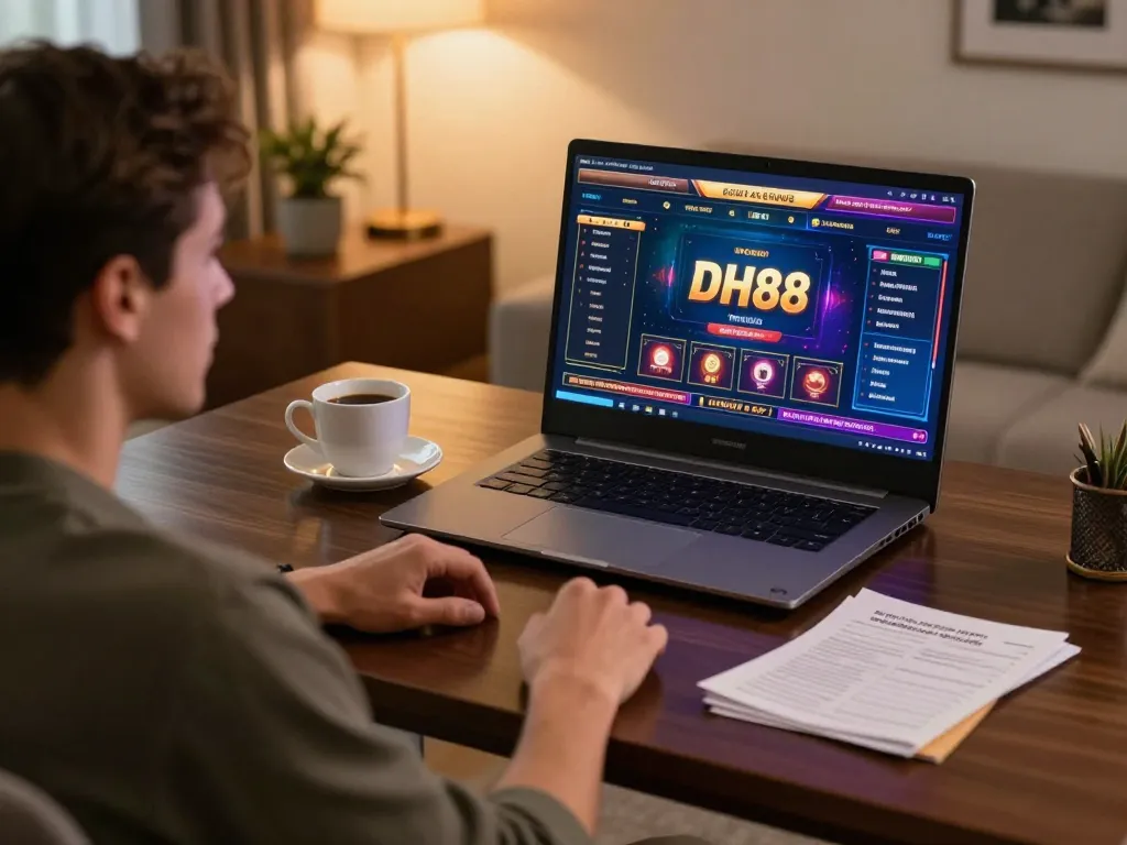 Engaged player navigating the DH88 online casino interface from a stylish home setting, highlighting strategic gameplay.