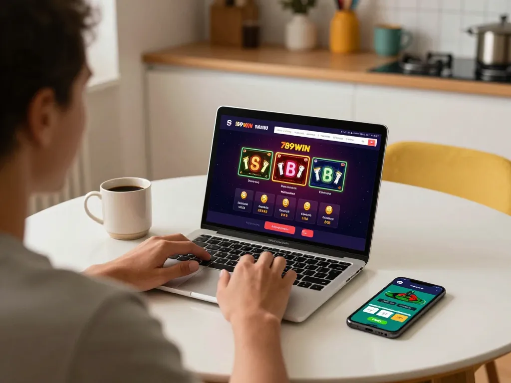 Person engaged in online gambling on 789WIN platform, showcasing a dynamic gaming home setup.