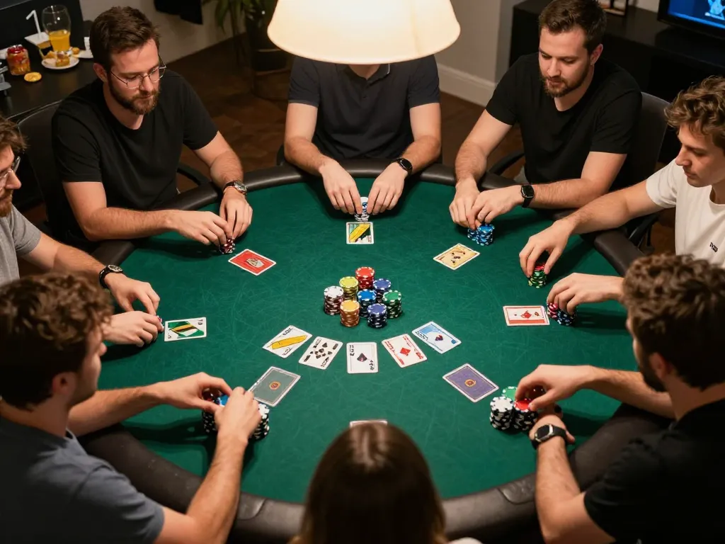Go8 players strategizing during a thrilling home poker game with vibrant chips on the table