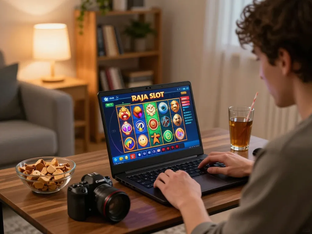 Pemain menikmati pengalaman bermain Raja Slot online di rumah, menampilkan antarmuka yang cerah dan suasana yang nyaman.